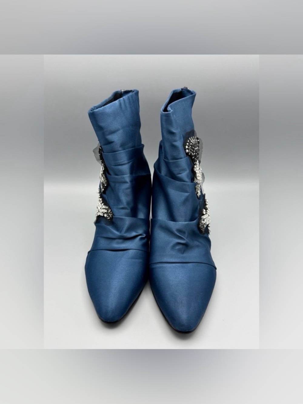 Zara Blue Satin Ankle Boots Rhinestone Applique 3” Heel EU 39 - Picture 4 of 7